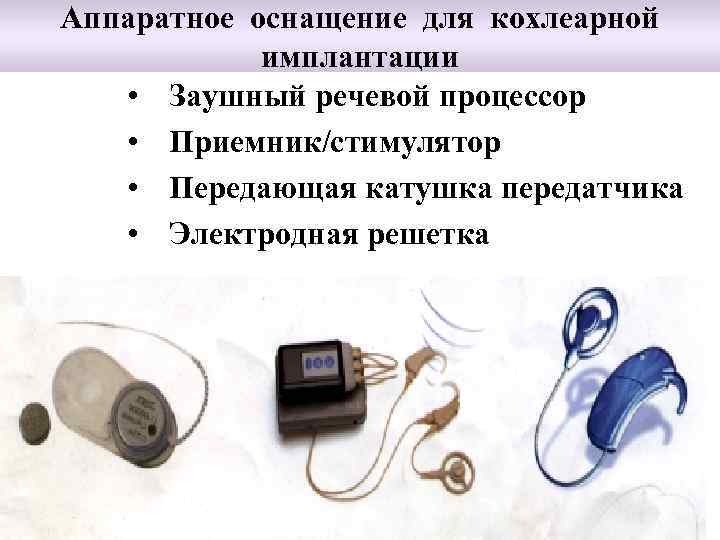 Аппаратное оснащение для кохлеарной имплантации • Заушный речевой процессор • Приемник/стимулятор • Передающая катушка