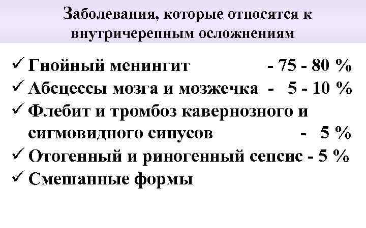 Заболевания, которые относятся к внутричерепным осложнениям ü Гнойный менингит - 75 - 80 %