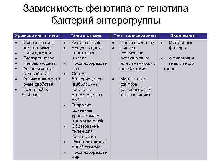 Зависимость фенотипа от генотипа бактерий энтерогруппы Хромосомные гены Основные гены метаболизма Пили адгезии Гиалуронидаза