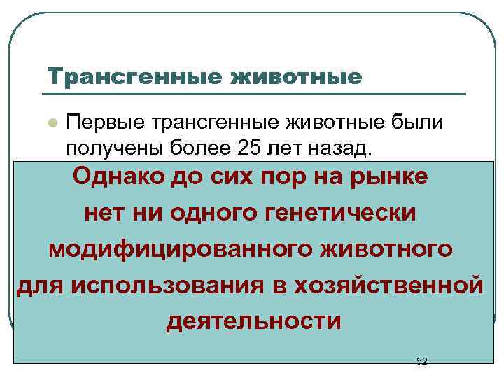 Трансгенные животные l Первые трансгенные животные были получены более 25 лет назад. Однако до