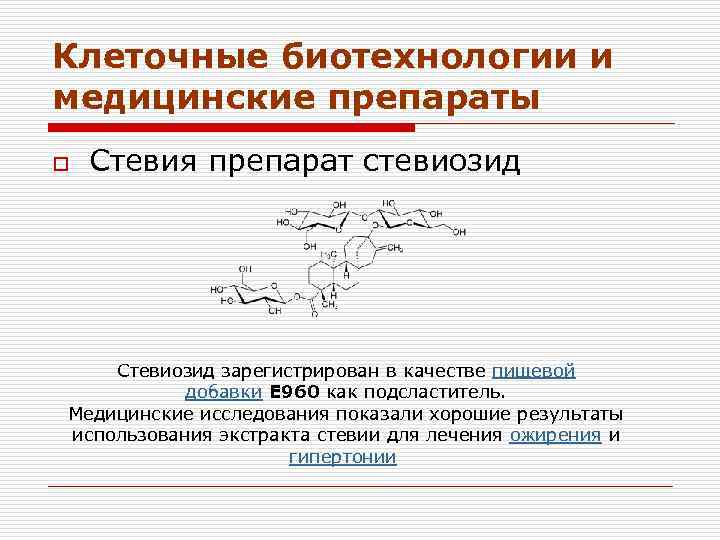 Клеточные биотехнологии и медицинские препараты o Стевия препарат стевиозид Стевиозид зарегистрирован в качестве пищевой