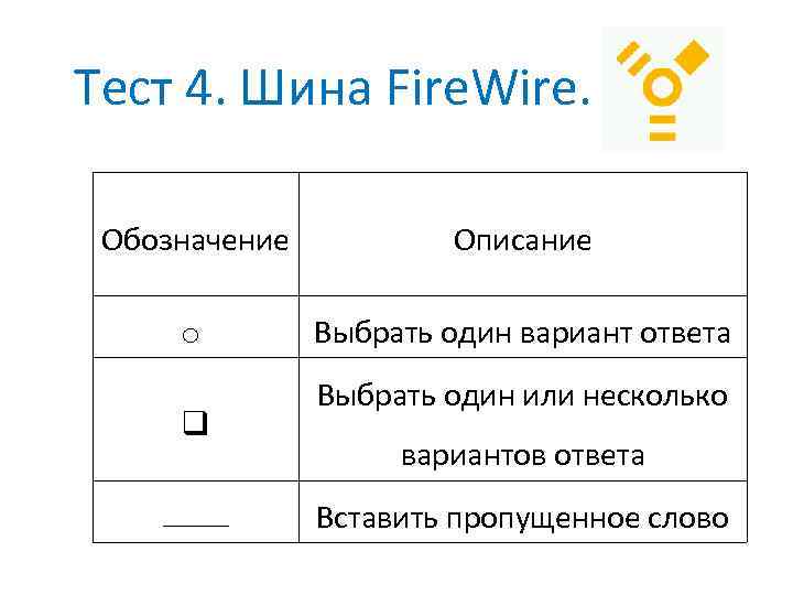 Тест 4. Шина Fire. Wire. Обозначение Описание o Выбрать один вариант ответа q ______