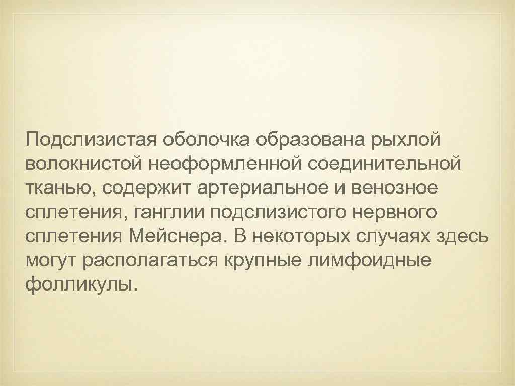 Подслизистая оболочка образована рыхлой волокнистой неоформленной соединительной тканью, содержит артериальное и венозное сплетения, ганглии