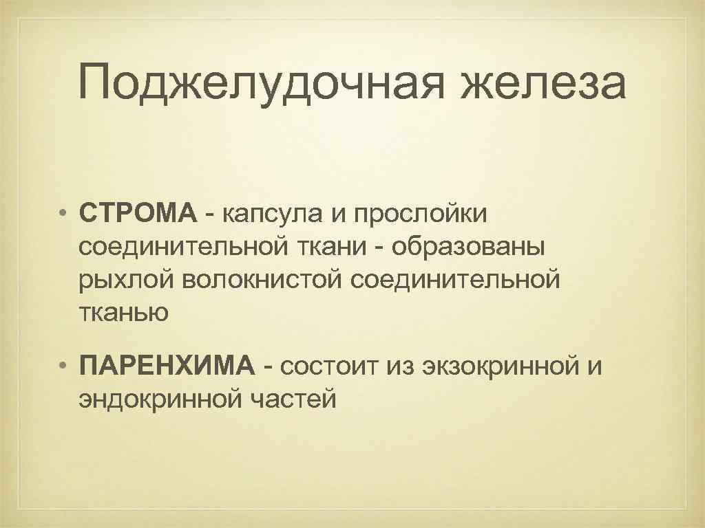 Поджелудочная железа • СТРОМА - капсула и прослойки соединительной ткани - образованы рыхлой волокнистой