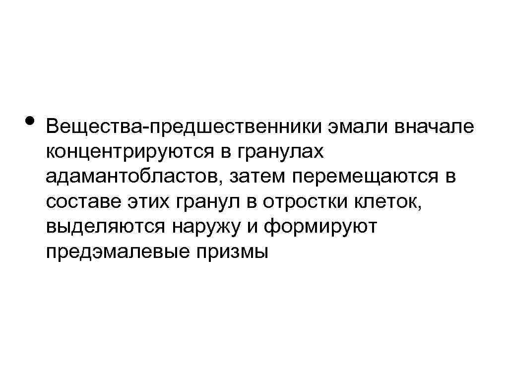  • Вещества-предшественники эмали вначале концентрируются в гранулах адамантобластов, затем перемещаются в составе этих