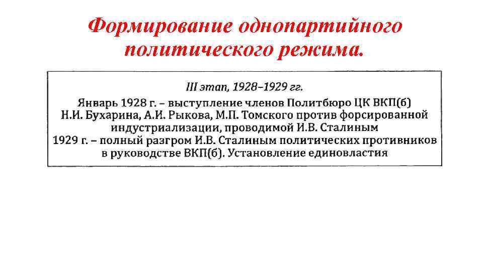 Формирование однопартийного политического режима. 
