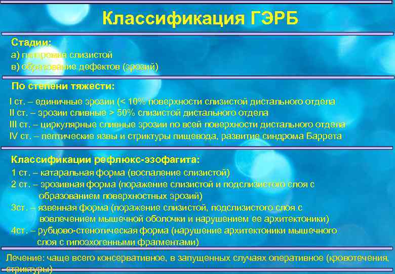 Классификация ГЭРБ Стадии: а) гиперемия слизистой в) образование дефектов (эрозий) По степени тяжести: I