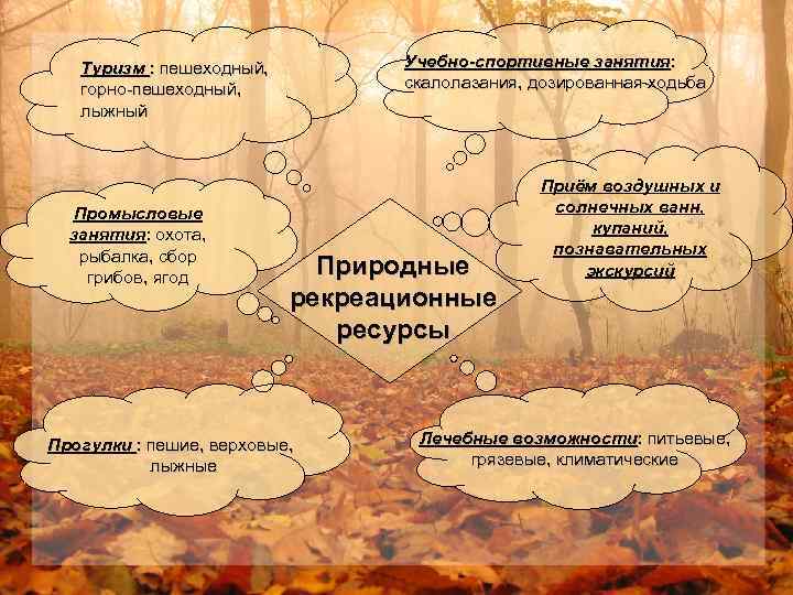 Учебно-спортивные занятия: скалолазания, дозированная ходьба Туризм : пешеходный, горно-пешеходный, лыжный Промысловые занятия: охота, рыбалка,
