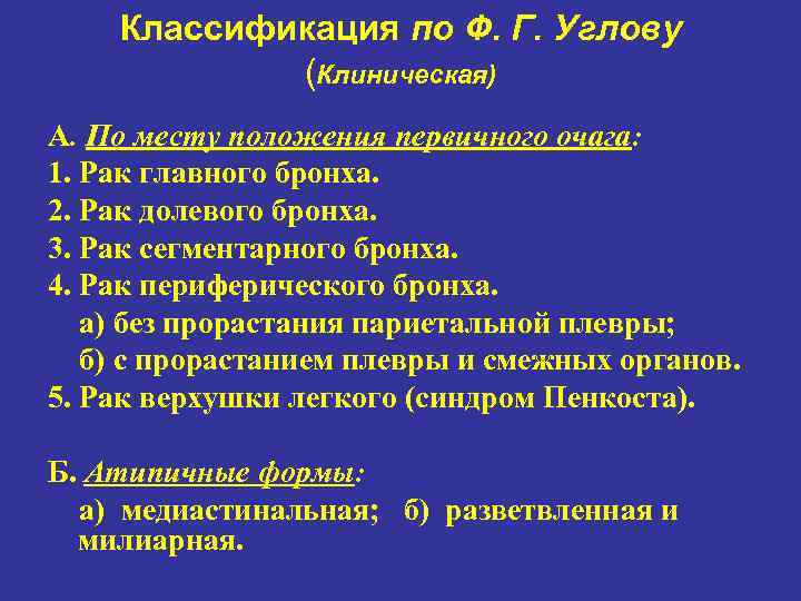 Классификация по Ф. Г. Углову (Клиническая) А. По месту положения первичного очага: 1. Рак