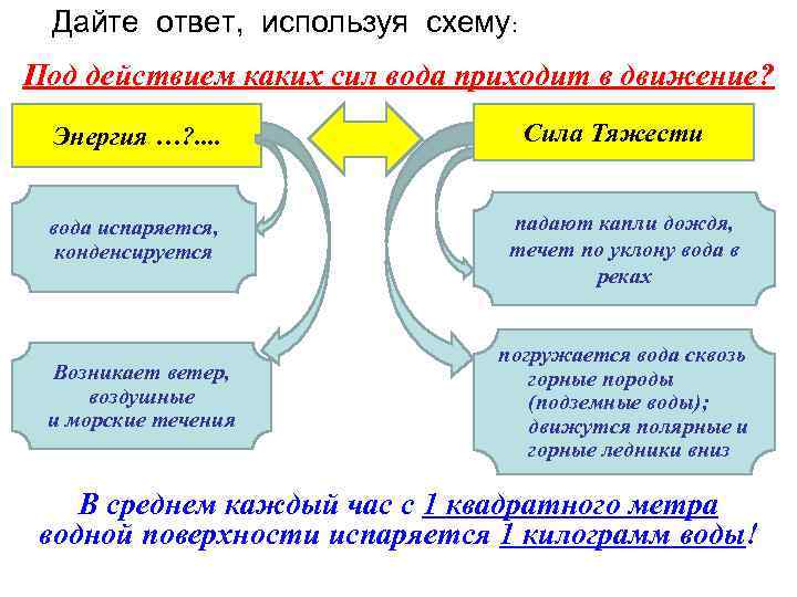 Дайте ответ, используя схему: Под действием каких сил вода приходит в движение? Энергия …?