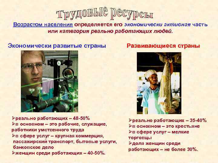 Возрастом населения определяется его экономически активная часть или категория реально работающих людей. Экономически развитые