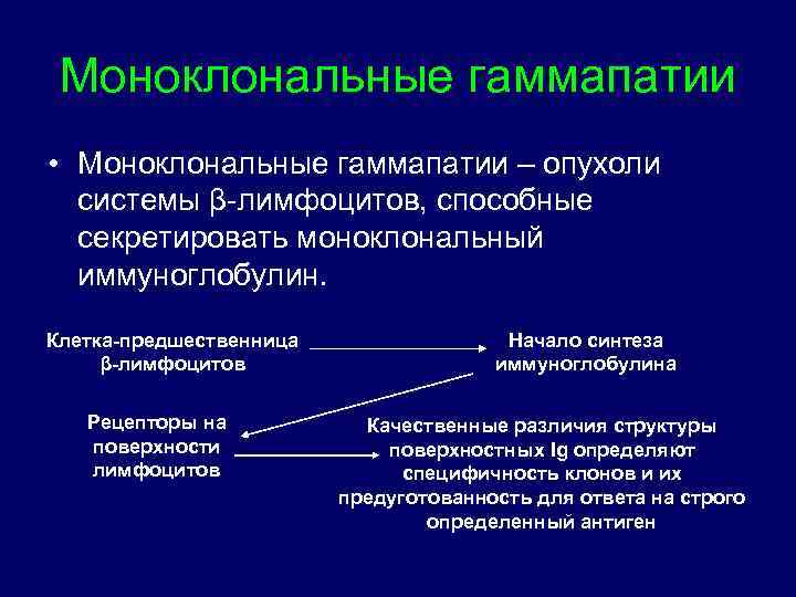 Моноклональные гаммапатии • Моноклональные гаммапатии – опухоли системы β-лимфоцитов, способные секретировать моноклональный иммуноглобулин. Клетка-предшественница