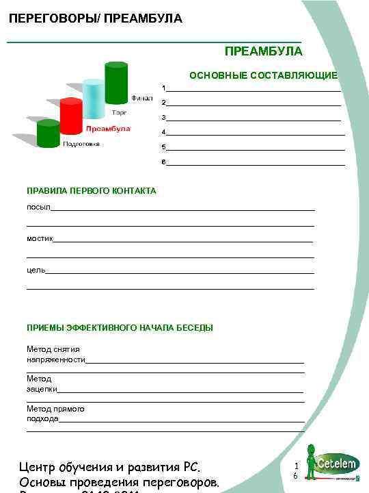 ПЕРЕГОВОРЫ/ ПРЕАМБУЛА ОСНОВНЫЕ СОСТАВЛЯЮЩИЕ 1_______________________ 2_______________________ 3_______________________ 4________________________ 5________________________ 6________________________ ПРАВИЛА ПЕРВОГО КОНТАКТА посыл________________________________