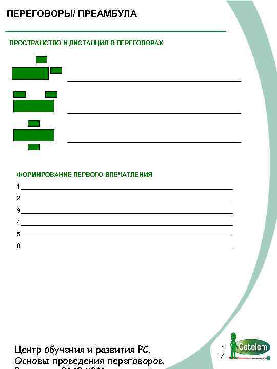 ПЕРЕГОВОРЫ/ ПРЕАМБУЛА ПРОСТРАНСТВО И ДИСТАНЦИЯ В ПЕРЕГОВОРАХ _____________________________________________________________ ФОРМИРОВАНИЕ ПЕРВОГО ВПЕЧАТЛЕНИЯ 1_______________________________ 2_______________________________ 3_______________________________