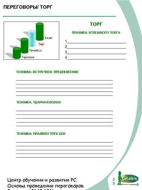 ПЕРЕГОВОРЫ/ ТОРГ ПРАВИЛА УСПЕШНОГО ТОРГА 1_______________ 2_______________ 3_______________ 4_______________ ТЕХНИКА: ВСТРЕЧНОЕ ПРЕДЛОЖЕНИЕ __________________________________________________________________ _________________________________
