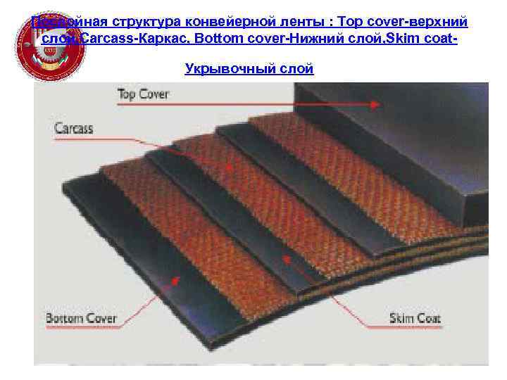 Послойная структура конвейерной ленты : Top cover-верхний слой, Carcass-Каркас, Bottom cover-Нижний слой, Skim coat.