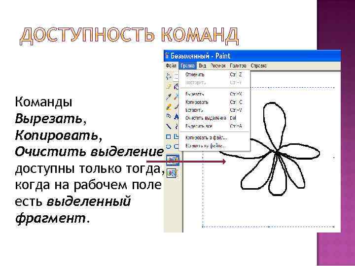 Команды Вырезать, Копировать, Очистить выделение доступны только тогда, когда на рабочем поле есть выделенный