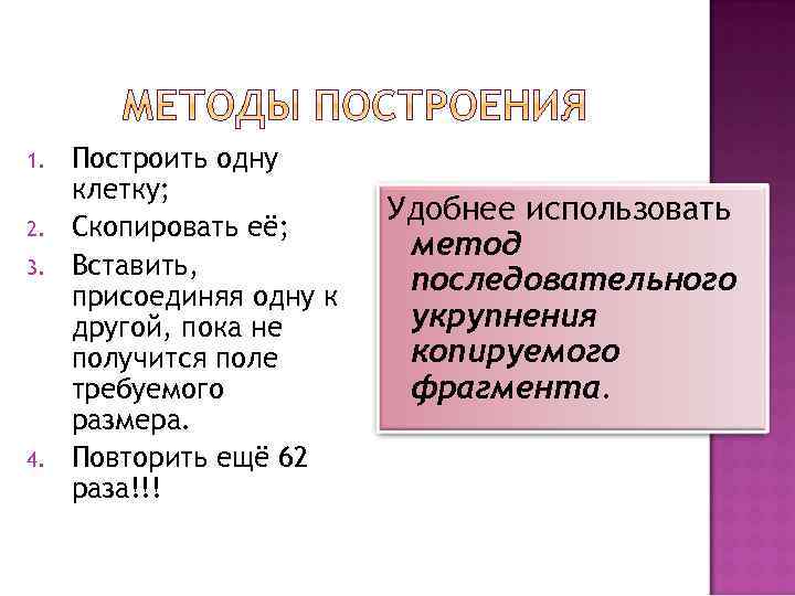 1. 2. 3. 4. Построить одну клетку; Скопировать её; Вставить, присоединяя одну к другой,