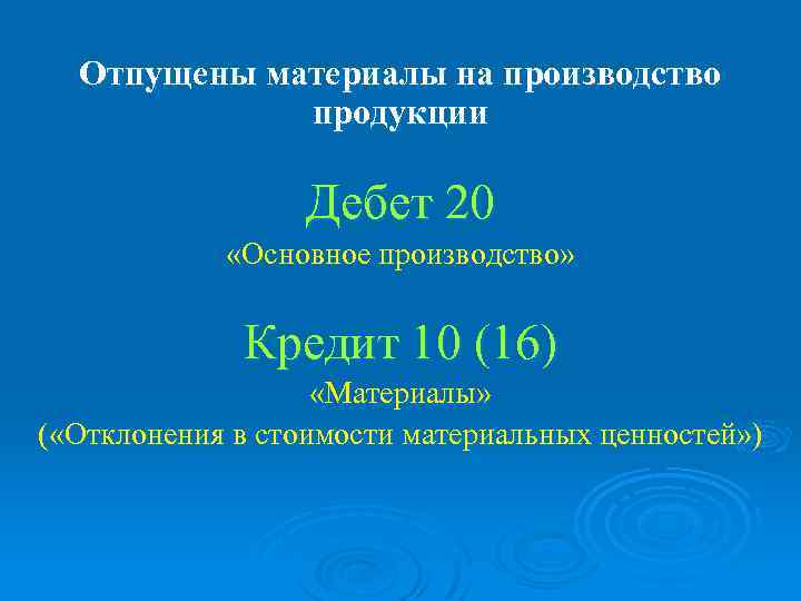 Отпущены материалы на производство продукции Дебет 20 «Основное производство» Кредит 10 (16) «Материалы» (