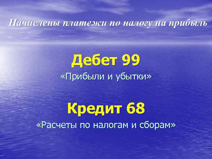 Начислены платежи по налогу на прибыль Дебет 99 «Прибыли и убытки» Кредит 68 «Расчеты