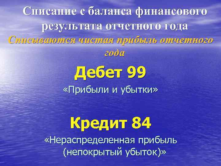  Списание с баланса финансового результата отчетного года Списываются чистая прибыль отчетного года Дебет