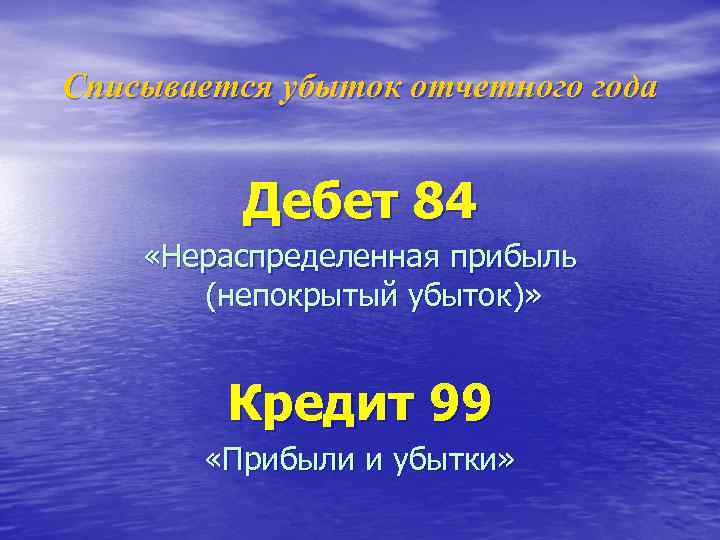 Списывается убыток отчетного года Дебет 84 «Нераспределенная прибыль (непокрытый убыток)» Кредит 99 «Прибыли и