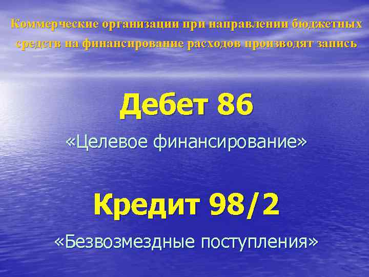 Коммерческие организации при направлении бюджетных средств на финансирование расходов производят запись Дебет 86 «Целевое