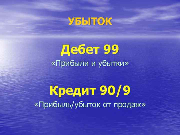  УБЫТОК Дебет 99 «Прибыли и убытки» Кредит 90/9 «Прибыль/убыток от продаж» 