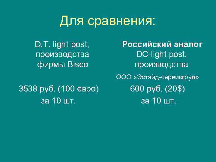 Для сравнения: D. T. light-post, производства фирмы Bisco Российский аналог DC-light post, производства ООО