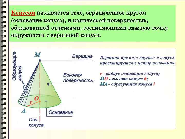 Конусом называется тело, ограниченное кругом (основание конуса), и конической поверхностью, образованной отрезками, соединяющими каждую