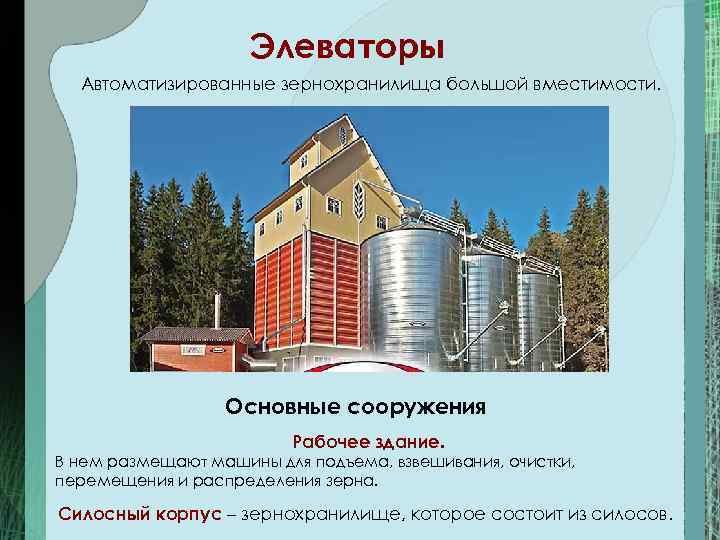 Элеваторы Автоматизированные зернохранилища большой вместимости. Основные сооружения Рабочее здание. В нем размещают машины для