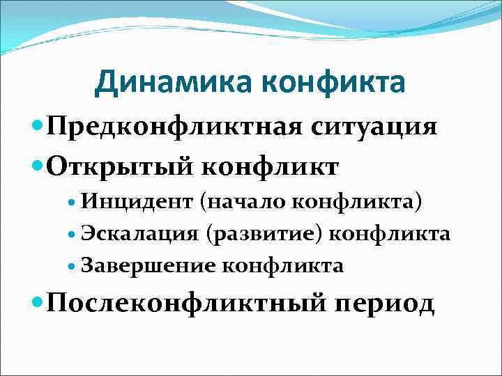 Динамика конфикта Предконфликтная ситуация Открытый конфликт Инцидент (начало конфликта) Эскалация (развитие) конфликта Завершение конфликта