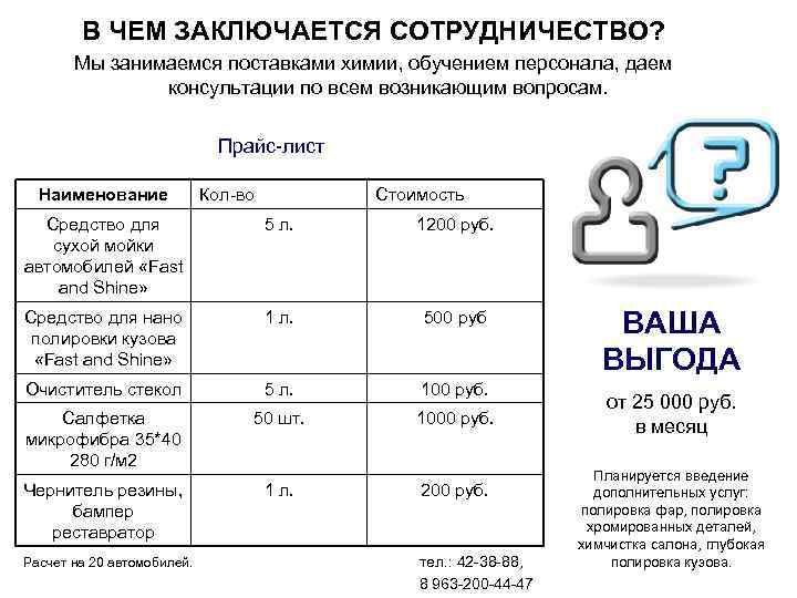 В ЧЕМ ЗАКЛЮЧАЕТСЯ СОТРУДНИЧЕСТВО? Мы занимаемся поставками химии, обучением персонала, даем консультации по всем