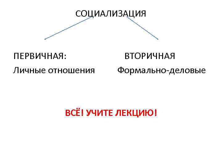 СОЦИАЛИЗАЦИЯ ПЕРВИЧНАЯ: Личные отношения ВТОРИЧНАЯ Формально-деловые ВСЁ! УЧИТЕ ЛЕКЦИЮ! 