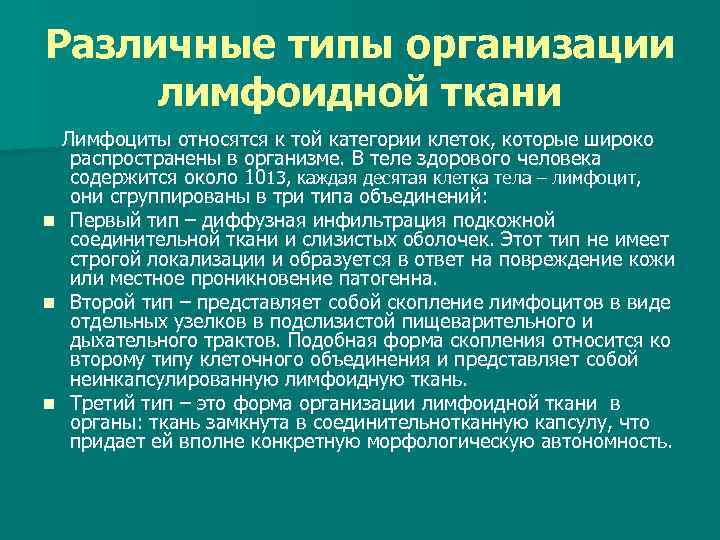 Различные типы организации лимфоидной ткани Лимфоциты относятся к той категории клеток, которые широко распространены