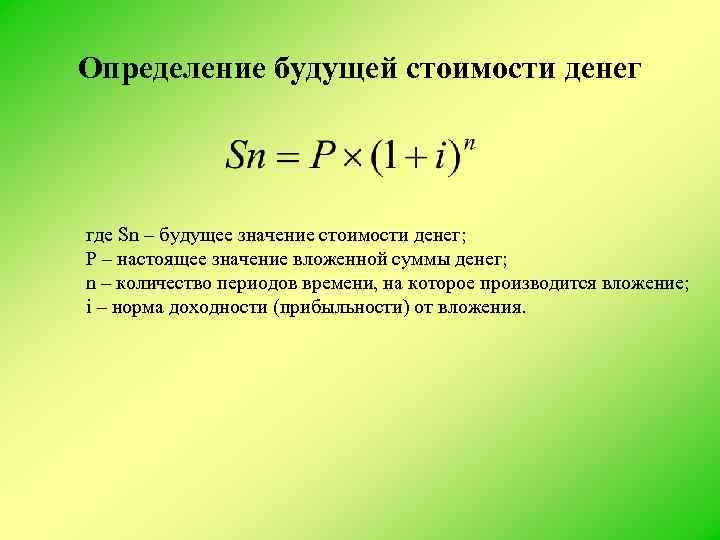 Определение будущей стоимости денег где Sn – будущее значение стоимости денег; P – настоящее