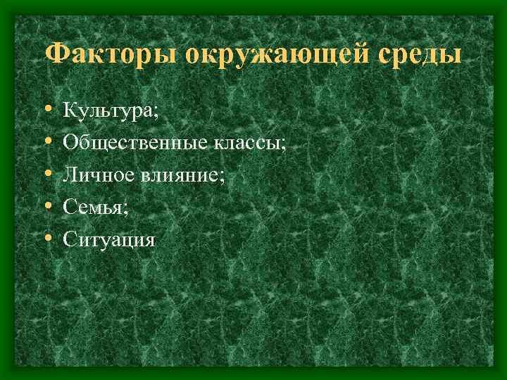 Факторы окружающей среды • • • Культура; Общественные классы; Личное влияние; Семья; Ситуация 