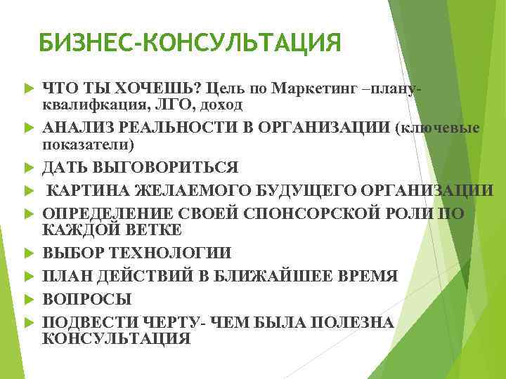 БИЗНЕС-КОНСУЛЬТАЦИЯ ЧТО ТЫ ХОЧЕШЬ? Цель по Маркетинг –плану- квалифкация, ЛГО, доход АНАЛИЗ РЕАЛЬНОСТИ В