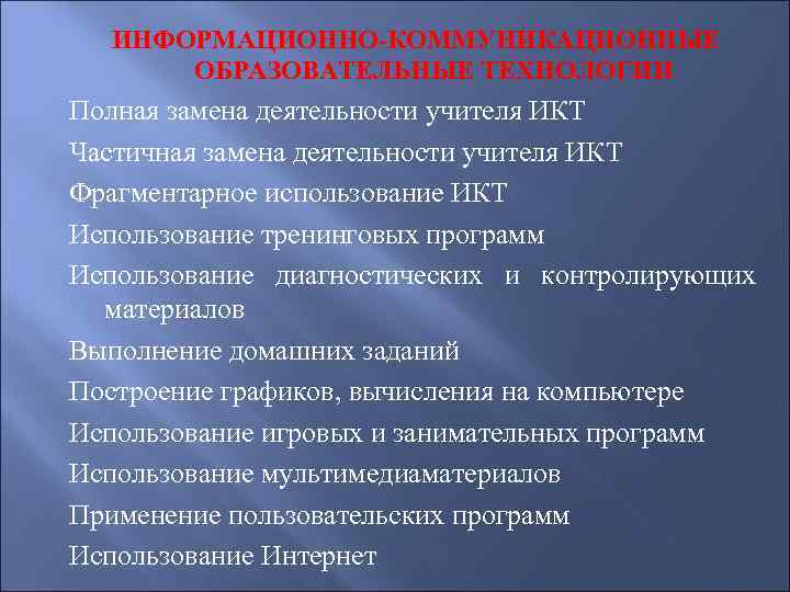 ИНФОРМАЦИОННО-КОММУНИКАЦИОННЫЕ ОБРАЗОВАТЕЛЬНЫЕ ТЕХНОЛОГИИ Полная замена деятельности учителя ИКТ Частичная замена деятельности учителя ИКТ Фрагментарное