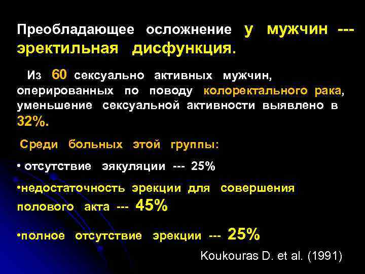 Преобладающее осложнение у мужчин --- эректильная дисфункция. Из 60 сексуально активных мужчин, оперированных по