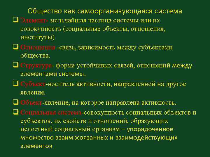 Общество как самоорганизующаяся система q Элемент- мельчайшая частица системы или их совокупность (социальные объекты,