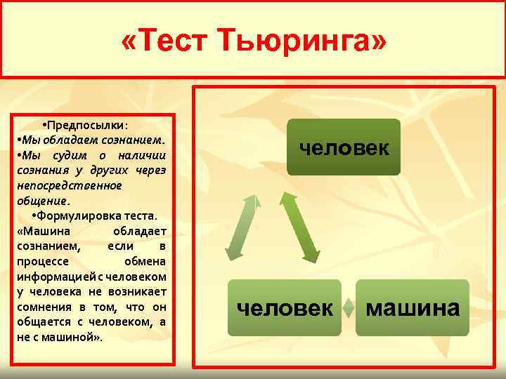  «Тест Тьюринга» • Предпосылки: • Мы обладаем сознанием. • Мы судим о наличии