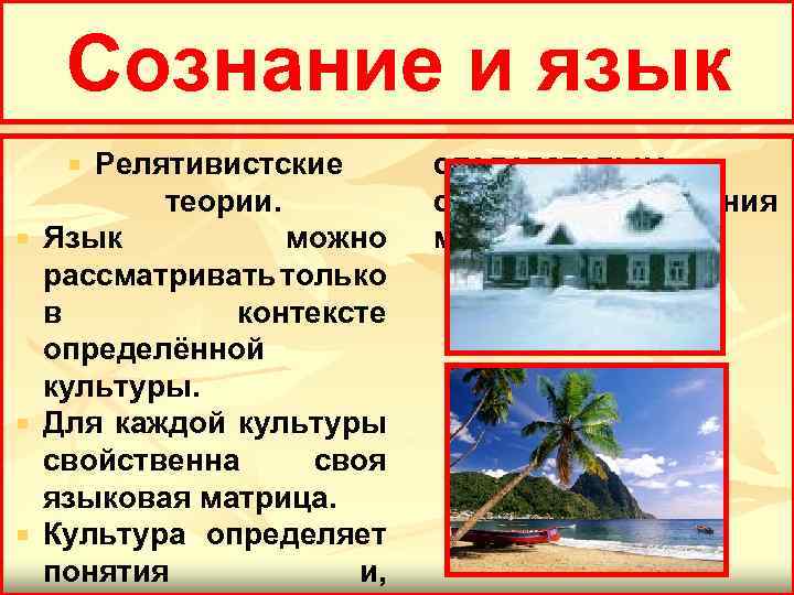 Сознание и язык Релятивистские теории. Язык можно рассматривать только в контексте определённой культуры. Для