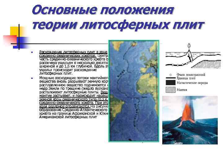Основные положения теории литосферных плит n n Расхождение литосферных плит в зоне срединно-океанических хребтов.