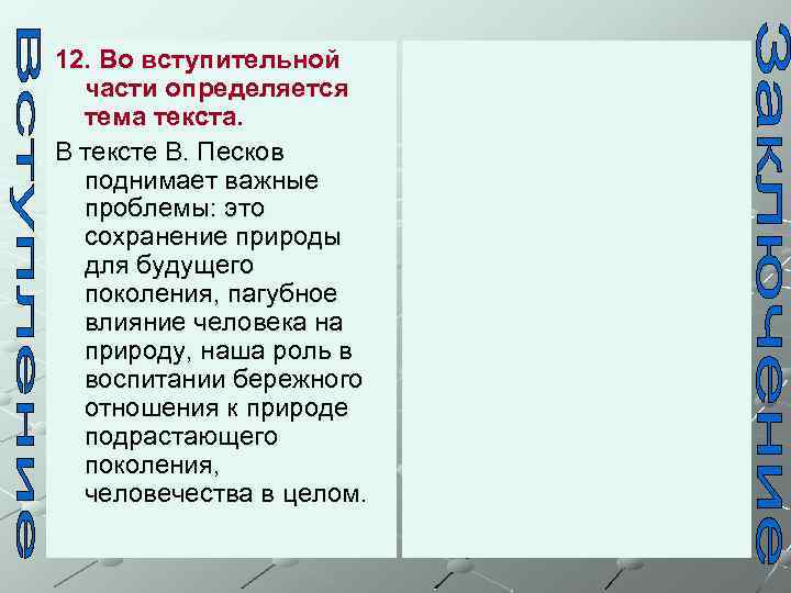 12. Во вступительной части определяется тема текста. В тексте В. Песков поднимает важные проблемы: