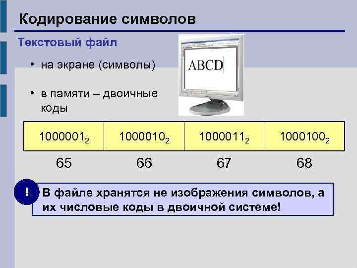 Кодирование символов Текстовый файл • на экране (символы) • в памяти – двоичные коды