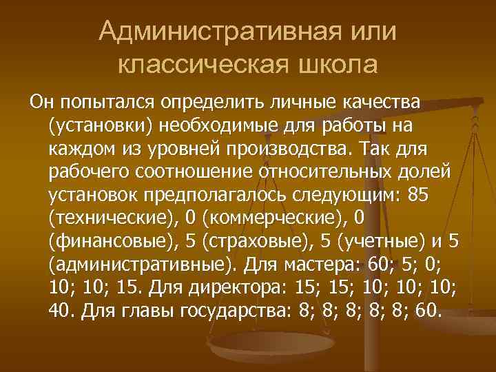 Административная или классическая школа Он попытался определить личные качества (установки) необходимые для работы на