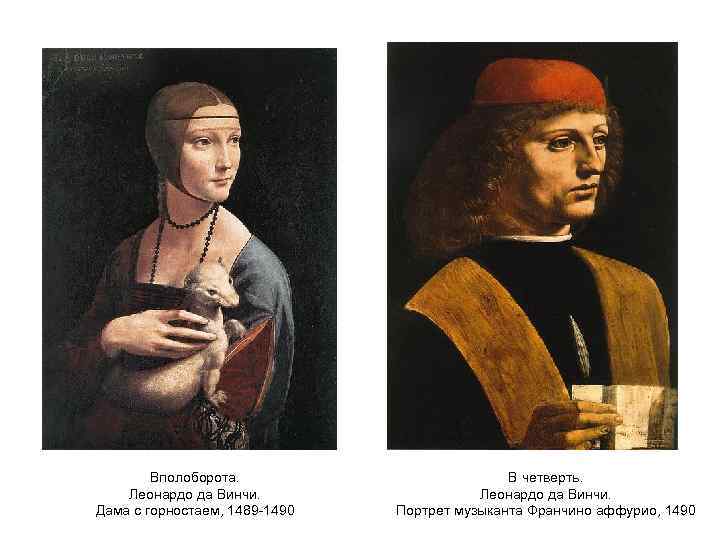 Вполоборота. Леонардо да Винчи. Дама с горностаем, 1489 -1490 В четверть. Леонардо да Винчи.