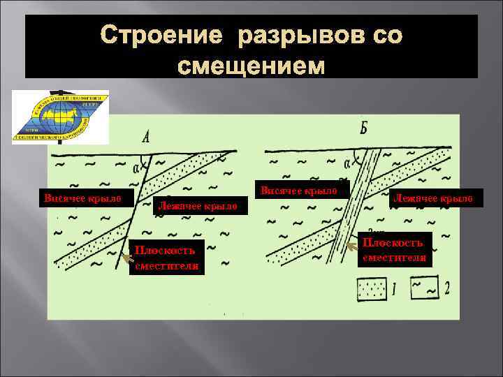 Строение разрывов со смещением Висячее крыло Лежачее крыло Плоскость сместителя 