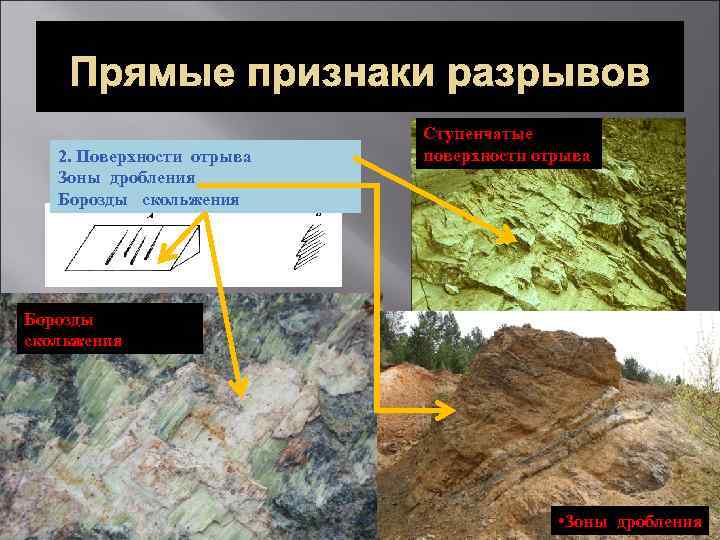 Прямые признаки разрывов 2. Поверхности отрыва Зоны дробления Борозды скольжения Ступенчатые поверхности отрыва Борозды